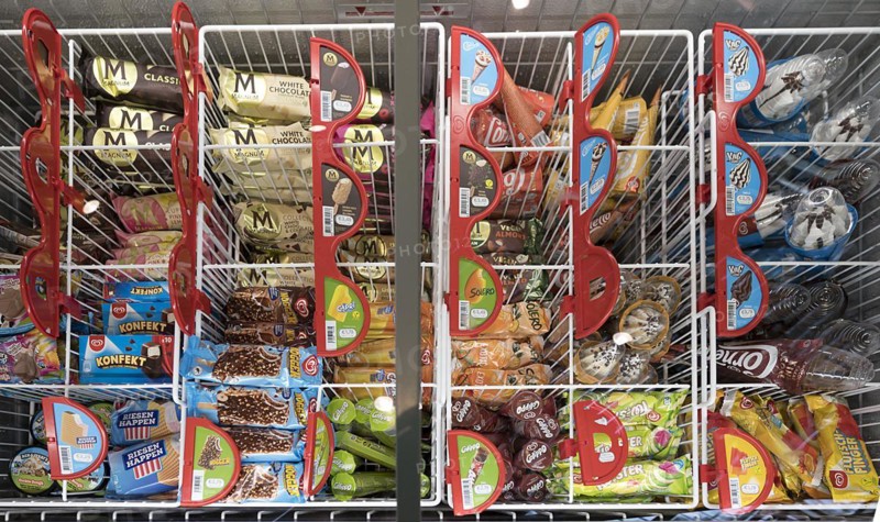 Freezer cabinet with various flavours of ice cream, Mecklenburg-Vorpommern, Germany, Europe
