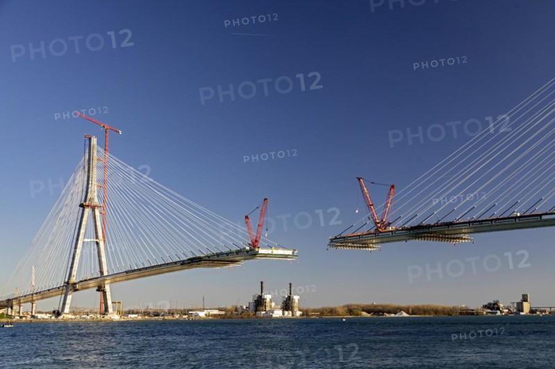 Detroit, Michigan USA -15 April 2024, Construction of the Gordie Howe International Bridge. The bridge will link Detroit with Windsor, Ontario across the Detroit River