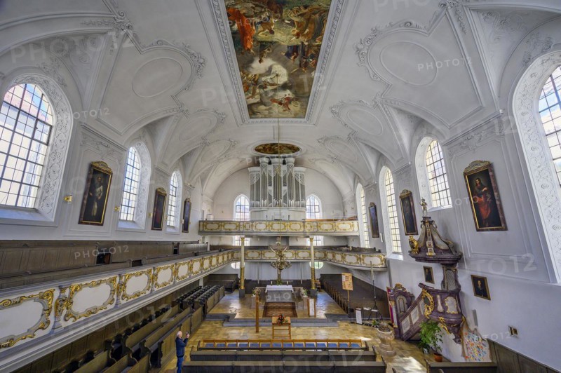 Organ loft, Dreifaltigkeitskirche, Kaufbeuern, Allgaeu, Swabia, Bavaria, Germany, Europe