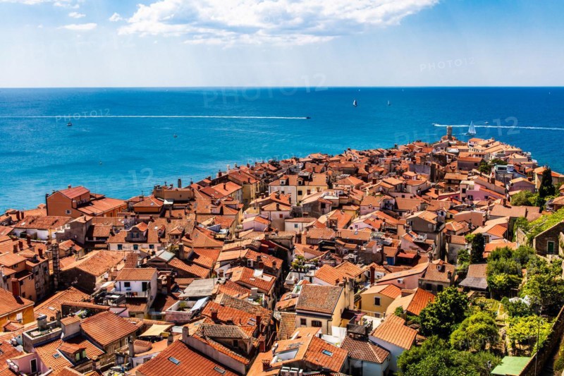 View from the bell tower over Piran, harbour town of Piran on the Adriatic coast with Venetian flair, Slovenia, Piran, Slovenia, Europe