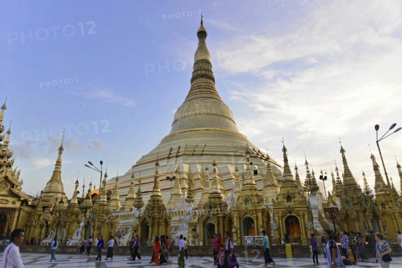 Shwedagon Pagoda, Yangon, Myanmar, Asia, Daytime scene with visitors at the majestic Shwedagon Pagoda, Asia
