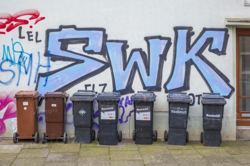 Rubbish bins in front of a graffiti-covered house wall, Bremen, Germany, Europe