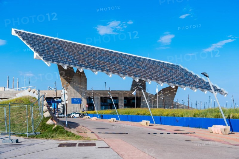The photovoltaic pergola in the Forum district, a sail the size of a football pitch made of solar panels in the harbour on the beach in Barcelona, Spain, Europe
