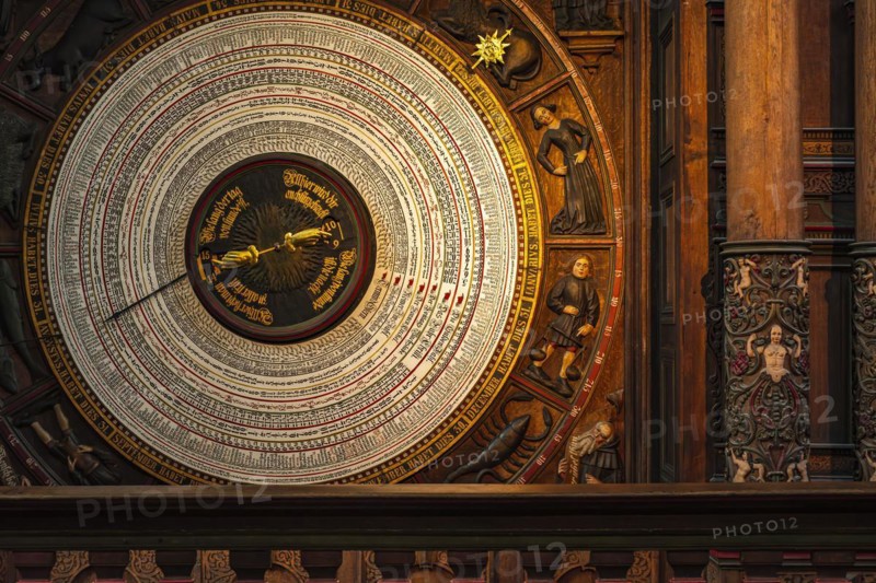 Calendar of the astronomical clock from the 15th century in St Mary's Church in the historic old town of Rostock, Mecklenburg-Vorpommern, Germany, Europe