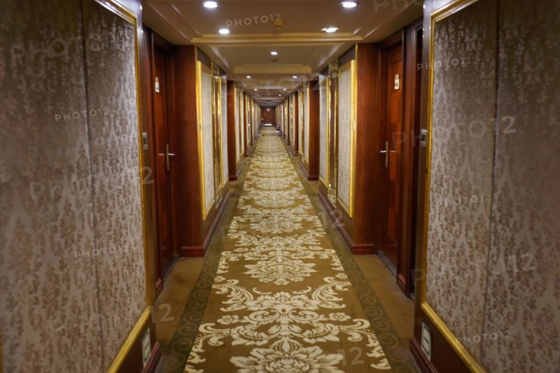Cruise ship on the Yangtze River, Yichang, Hubei Province, China, Asia, View through a long, elegant hotel corridor with patterned carpet and wooden doors, Shanghai, Asia