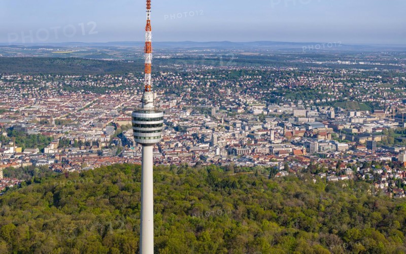 TV tower, world's first reinforced concrete tower, landmark and sight of the city of Stuttgart and official cultural monument, panoramic photo, drone photo, view of the city centre with collegiate church, Old Palace, New Palace, main railway station, Stuttgart, Baden-Wuerttemberg, Germany, Europe