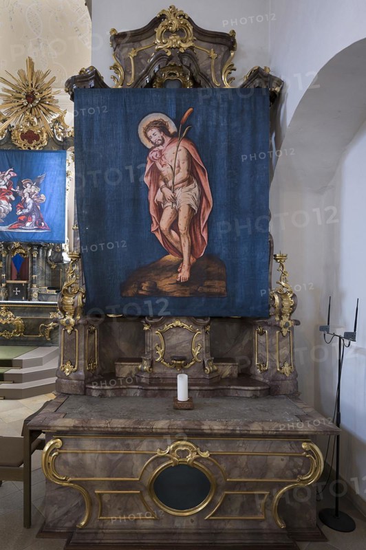 Historic Lenten cloth, made in 1726, right side altar, parish church of St Nicholas, Gundelsheim, Baden-Wuerttemberg, Germany, Europe