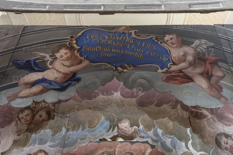 Detailed view of the Holy Sepulchre, created in 1764, in front of the altar of St Bartholomew's Church, Kleineibstadt, Lower Franconia, Bavaria, Germany, Europe