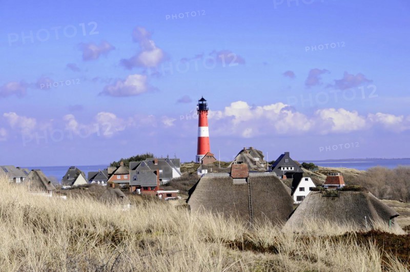 Lighthouse, Hoernum, Sylt, North Frisian Island, lighthouse rises behind a settlement with thatched houses, Sylt, North Frisian Island, Schleswig Holstein, Germany, Europe