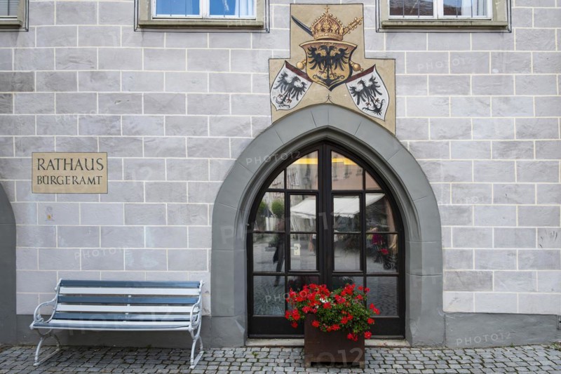 Citizens' office in the historic town hall on the market square of Wangen im Allgaeu, Upper Swabia, Baden-Wuerttemberg, Germany, here entrance at Postplatz, Europe