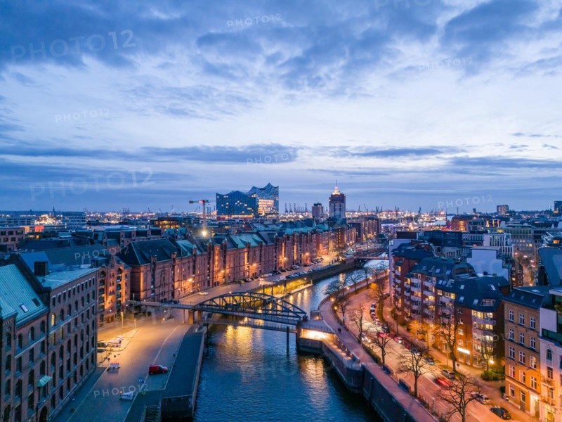 Aerial view of Speicherstadt Hamburg and the Elbe Philharmonic Hall with customs canal at blue hour, Hamburg, Germany, Europe