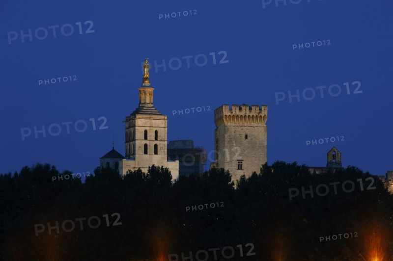 Papal Palace and Notre-Dame des Doms Cathedral at night, Avignon, Vaucluse, Provence-Alpes-Cote d'Azur, South of France, France, Europe