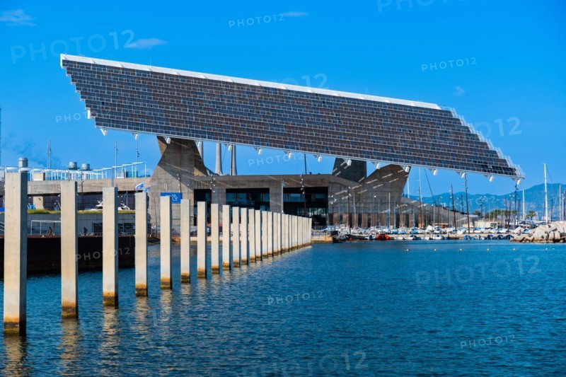 The photovoltaic pergola in the Forum district, a sail the size of a football pitch made of solar panels in the harbour on the beach in Barcelona, Spain, Europe