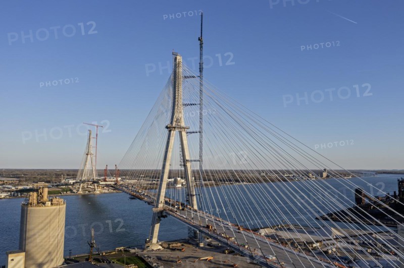 Detroit, Michigan USA -15 April 2024, Construction of the Gordie Howe International Bridge. The bridge will link Detroit with Windsor, Ontario across the Detroit River