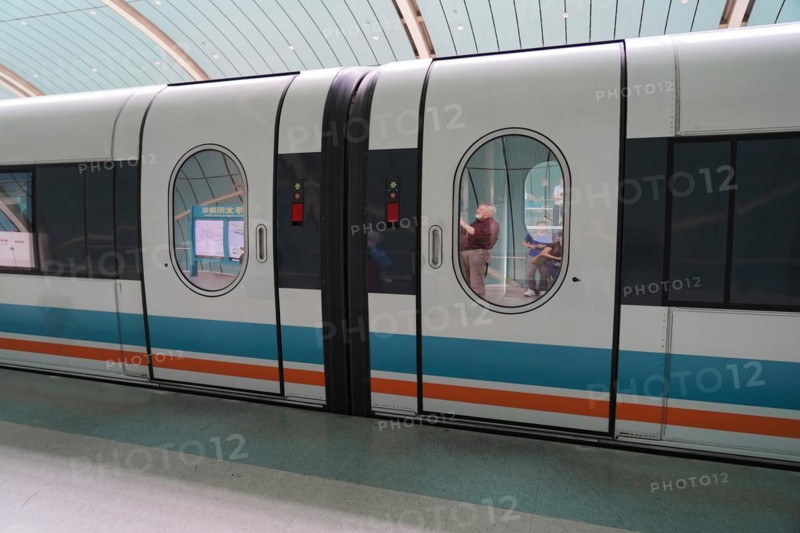 Shanghai Transrapid Maglev Shanghai Maglev Train Station Station, Shanghai, China, Asia, A train at a station with a person visible through the window, urban environment, Asia