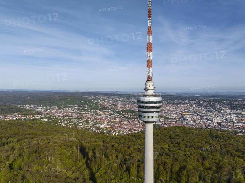 TV tower, world's first reinforced concrete tower, landmark and sight of the city of Stuttgart and official cultural monument, panoramic photo, drone photo, view of the city centre with collegiate church, Old Palace, New Palace, main railway station, Stuttgart, Baden-Wuerttemberg, Germany, Europe