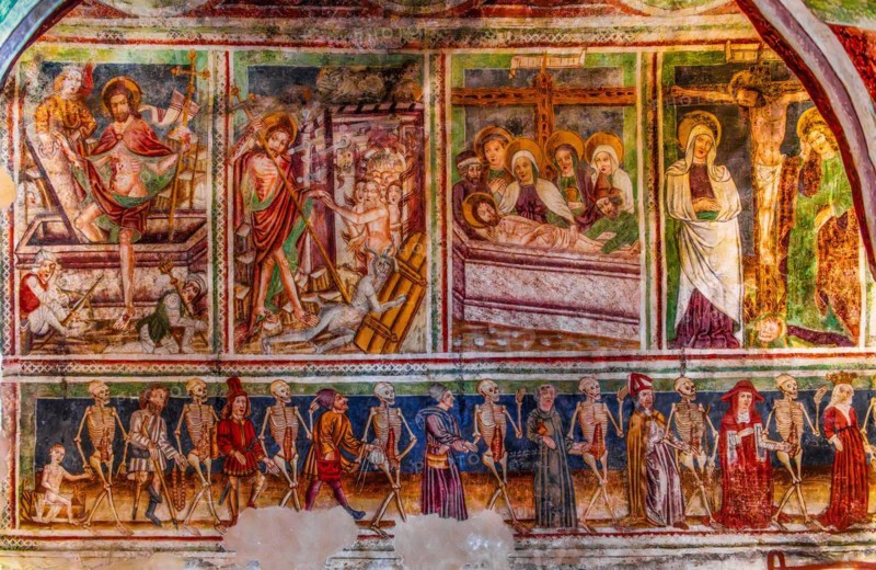 Dance of Death on the south wall, the equality of all people in front of death, Gothic frescoes from 1490, a highlight of medieval wall painting, by Johannes von Kastav, Romanesque Church of the Holy Trinity, 15th century, Hrastovlje, Slovenia, Hrastovlje, Slovenia, Europe