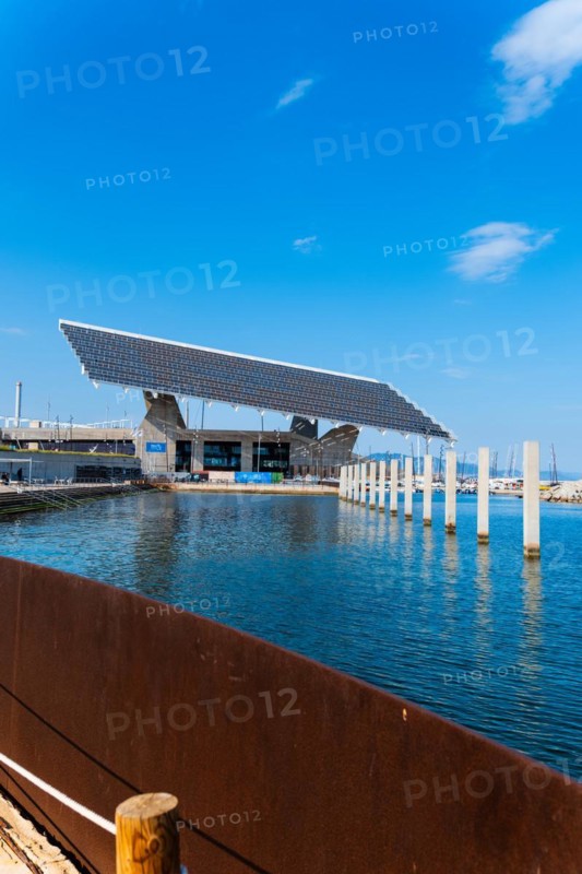 The photovoltaic pergola in the Forum district, a sail the size of a football pitch made of solar panels in the harbour on the beach in Barcelona, Spain, Europe
