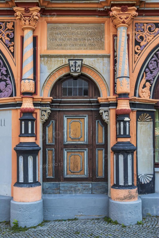 Where Lucas Cranach the Elder once lived, in the Cranach House, a Renaissance building on the market square in Weimar, Thuringia, Germany, Europe