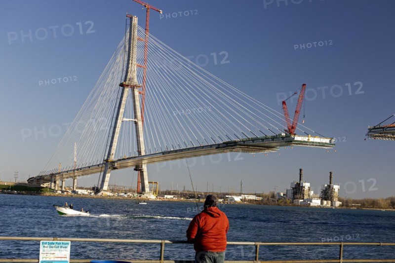 Detroit, Michigan USA -15 April 2024, Construction of the Gordie Howe International Bridge. The bridge will link Detroit with Windsor, Ontario across the Detroit River