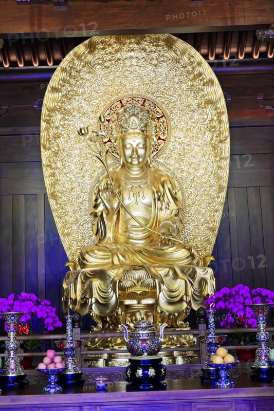 Jade Buddha Temple, Shanghai, Golden Buddha statue on an altar surrounded by pretty flowers, Shanghai, China, Asia