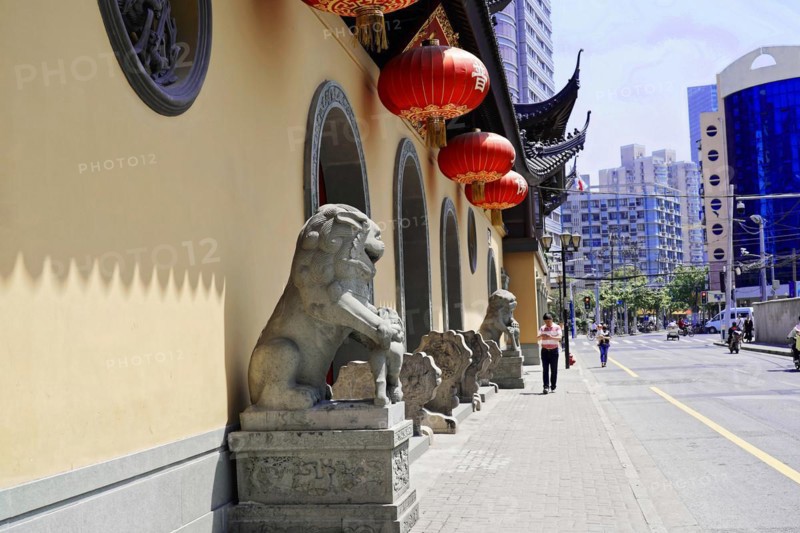 Jade Buddha Temple, Shanghai, street view of a temple facade with traditional Chinese elements, Shanghai, China, Asia