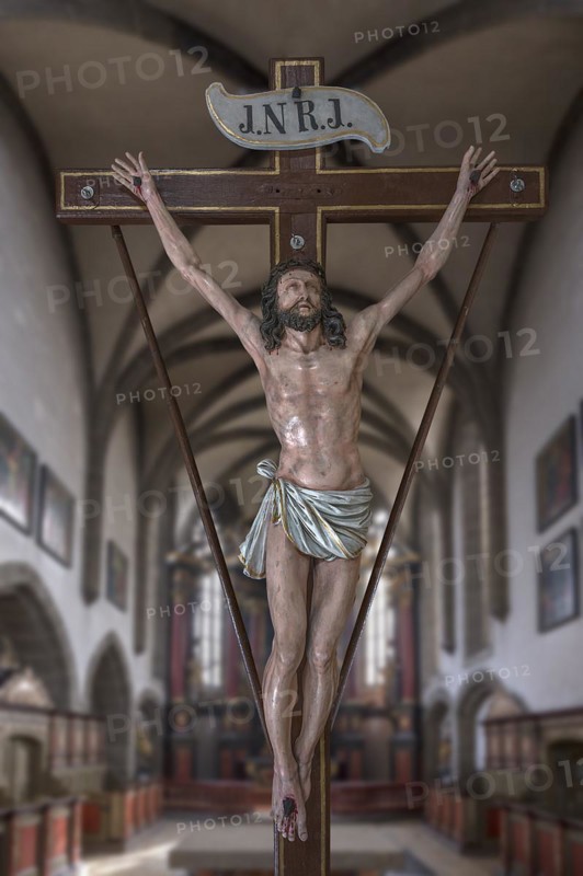 Life-size, carved figure of Jesus on the cross, 350-year-old processional figure in St Michael's Church, Neunkirchen am Brand, Middle Franconia, Bavaria, Germany, Europe