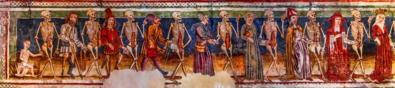 Dance of Death on the south wall, the equality of all people in front of death, Gothic frescoes from 1490, a highlight of medieval wall painting, by Johannes von Kastav, Romanesque Church of the Holy Trinity, 15th century, Hrastovlje, Slovenia, Hrastovlje, Slovenia, Europe