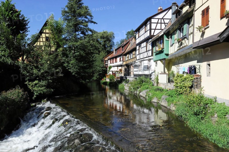 Kaysersberg, Alsace Wine Route, Alsace, Departement Haut-Rhin, France, Europe, An idyllic river flows past traditional half-timbered houses, Europe