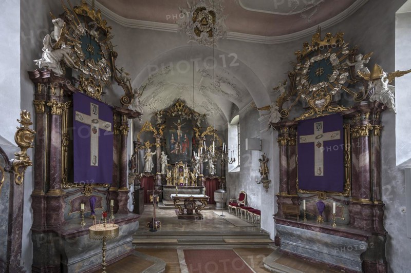 Three Lenten cloths in front of the main and side altars, St John the Baptist, Ochsenfurt Hohestadt, Lower Franconia, Bavaria, Germany, Europe