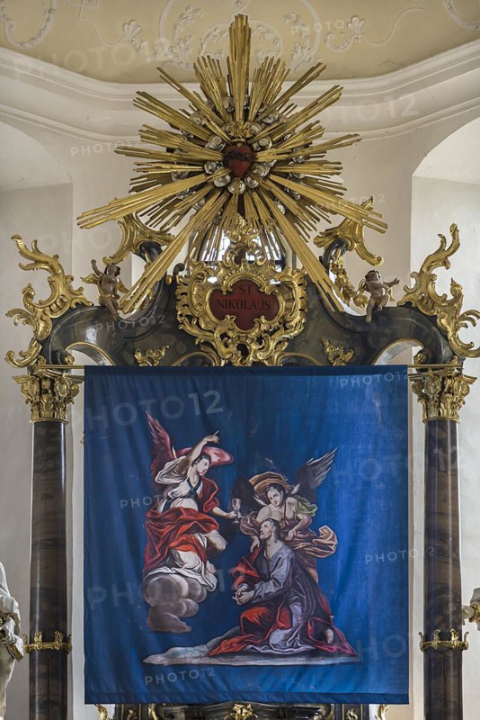 Historic Lenten cloth, made in 1726, in front of the main altar, St Nicholas parish church, Gundelsheim, Baden-Wuerttemberg, Germany, Europe