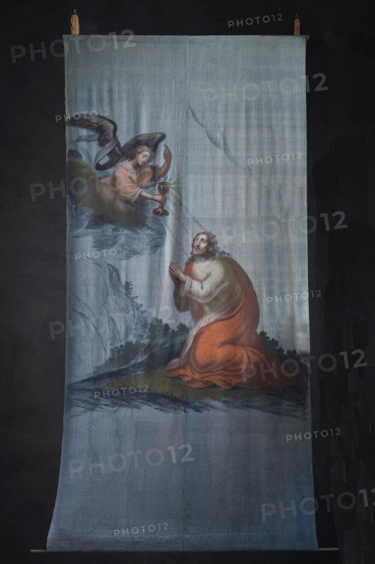 Historic Lenten cloth on a black background, created around 1890, St Laurentius Church, Schoenau an der Brend Lower Franconia, Bavaria, Germany, Europe