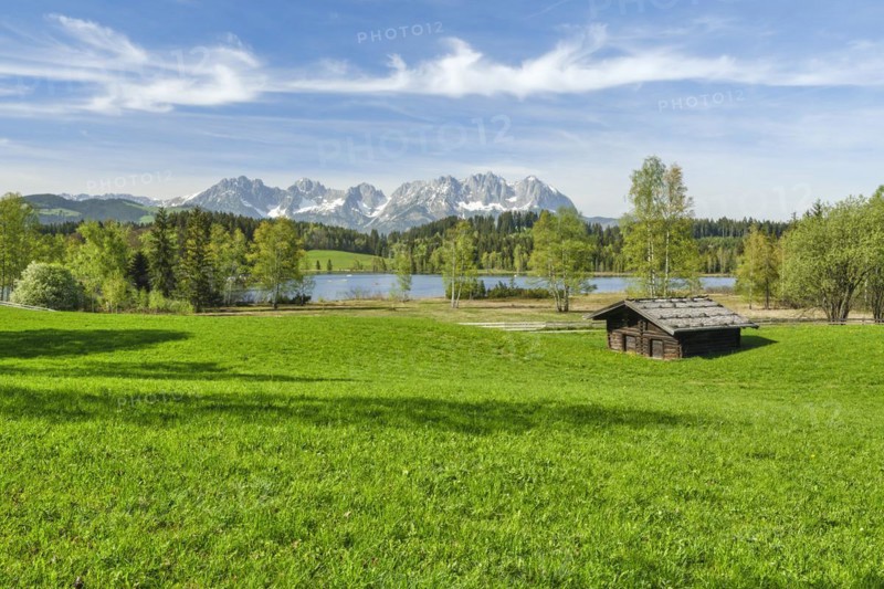 Hut at Schwarzsee in the Kitzbuehel Alps, spring, Wilder Kaiser, Kitzbuehel, Tyrol, Austria, Europe