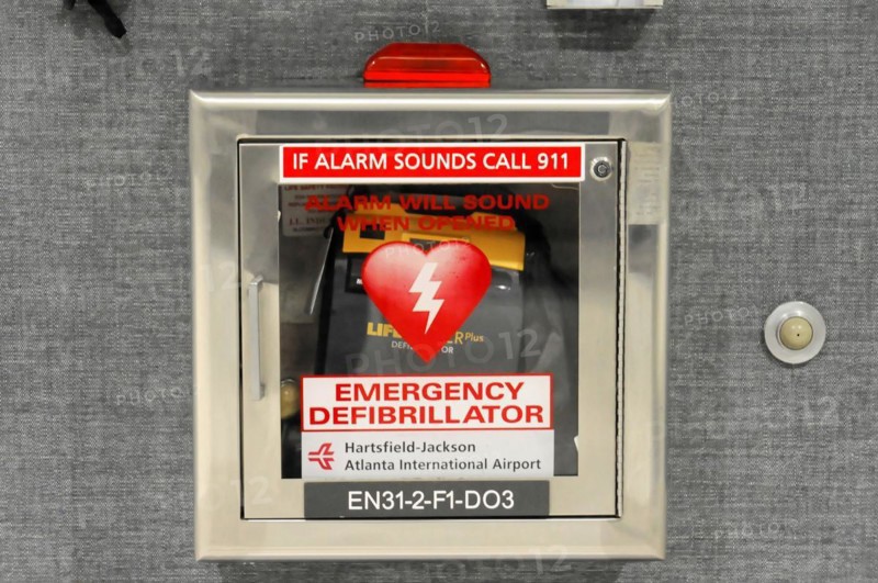 AUGUSTO C. SANDINO Airport, Managua, Nicaragua, Emergency defibrillator in a red box with instructions at the airport, Central America, Central America