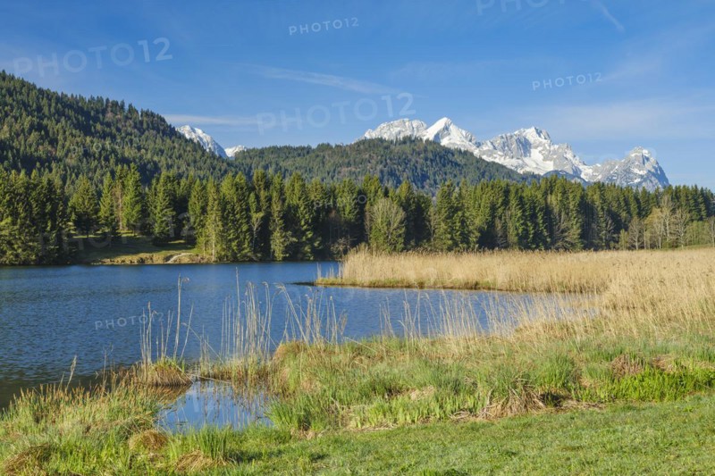 Geroldsee or Wagenbruechsee with Estergebirge, Kruen near Mittenwald, Werdenfelser Land, Upper Bavaria, Bavaria, Germany, Europe