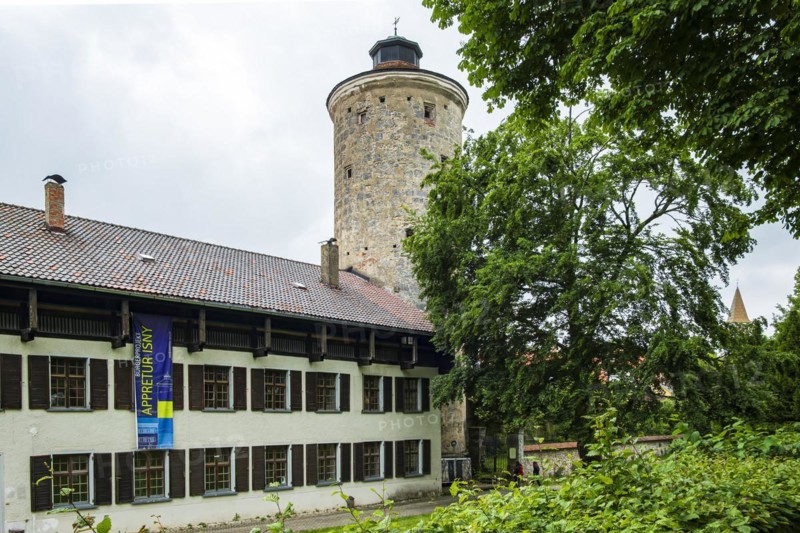 In the 19th century, the finishing works in Isny with its integrated medieval town wall served as a production site for processing textile products and is thus a testimony to early industrialisation, old town of Isny in the Allgaeu, Baden-Wuerttemberg, Germany, Europe