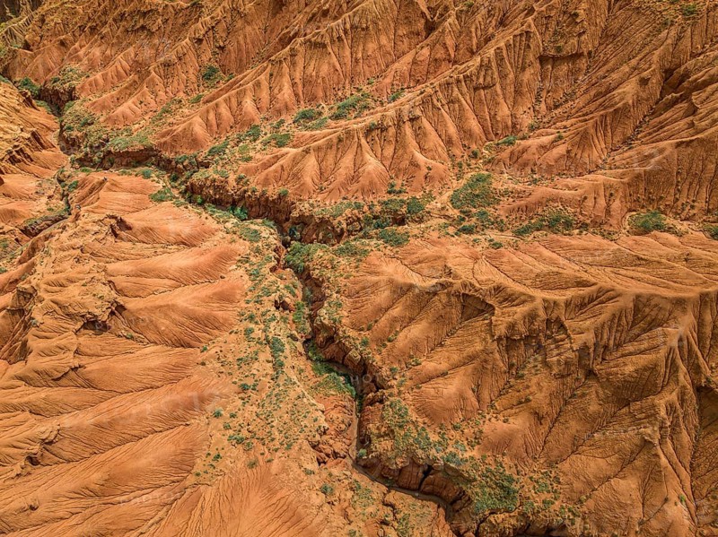 Top down view, gorge with eroded red sandstone rocks, Konorchek Canyon, Boom Gorge, aerial view, Kyrgyzstan, Asia