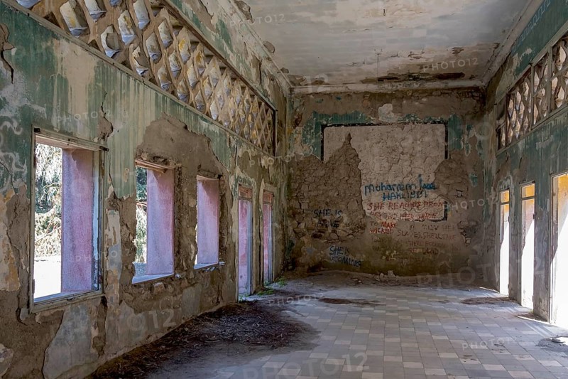 Hall of a derelict arcade building, Eleousa, Lost Place, Rhodes, Greece, Europe