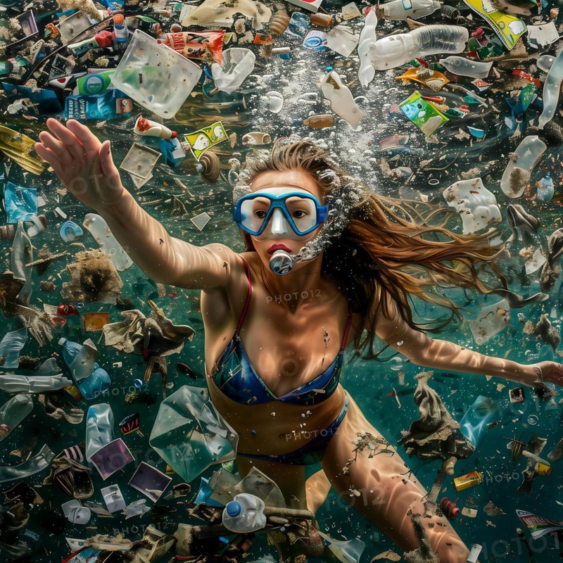 Woman swimming in polluted water, surrounded by plastic waste, looking serious, AI generated