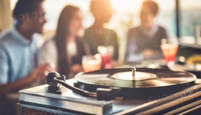 An intimate social event with a group of people around a turntable playing a vinyl record, AI generated