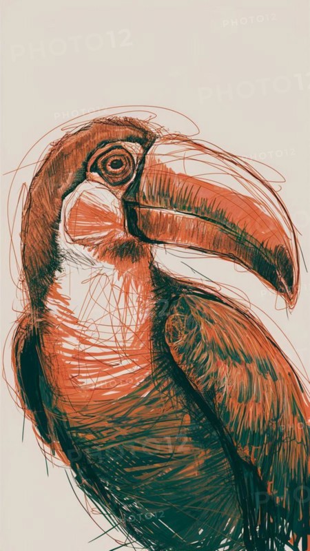 Minimalistic sketch of a toucan with elegant lines and earth tones, AI generated