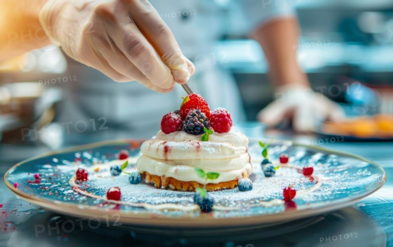 Chef is decorating a dessert with berries and other delicious additions of sweets and whipped cream, AI generated