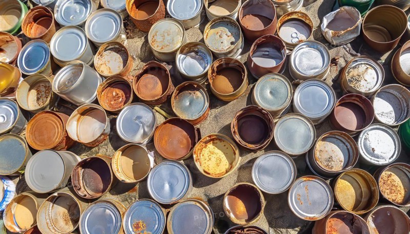 Symbol photo, many empty tin cans, partly crushed, rusty, dirty, lying on the beach, waste, AI generated, AI generated