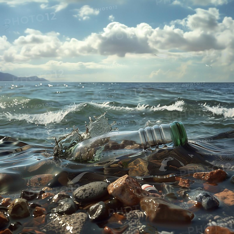 Plastic bottle floating in the sea near the rocky shore, waves in the background, pollution, environmental protection, AI generated