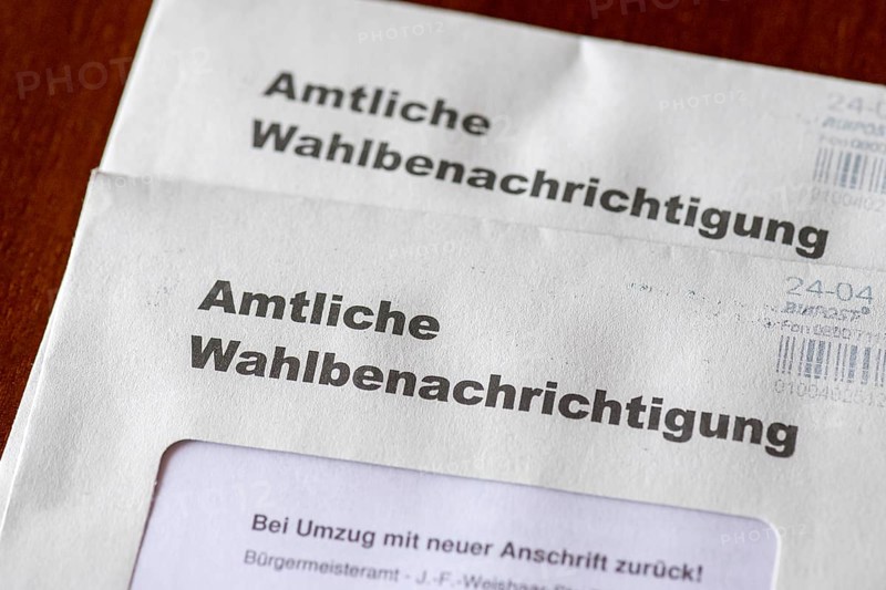 Official election notification, for the European Parliament, the regional assembly, the district council, the municipal council, on 09 June 2024, envelope, Baden-Wuerttemberg, Germany, Europe