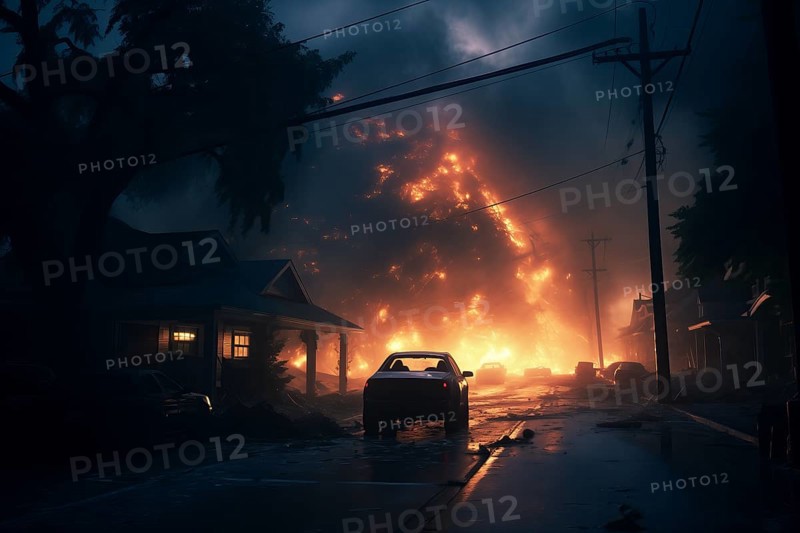 A car is driving down a street with a fire in the background. Scene is tense and chaotic, AI generated