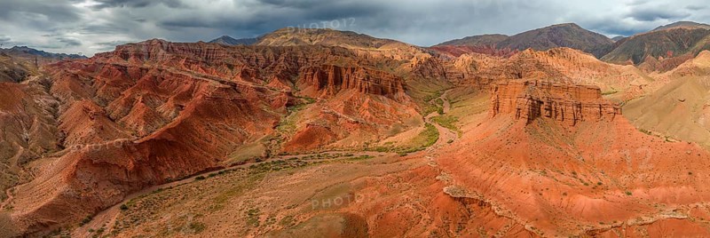Panorama, gorge with eroded red sandstone rocks, Konorchek Canyon, Boom Gorge, aerial view, Kyrgyzstan, Asia