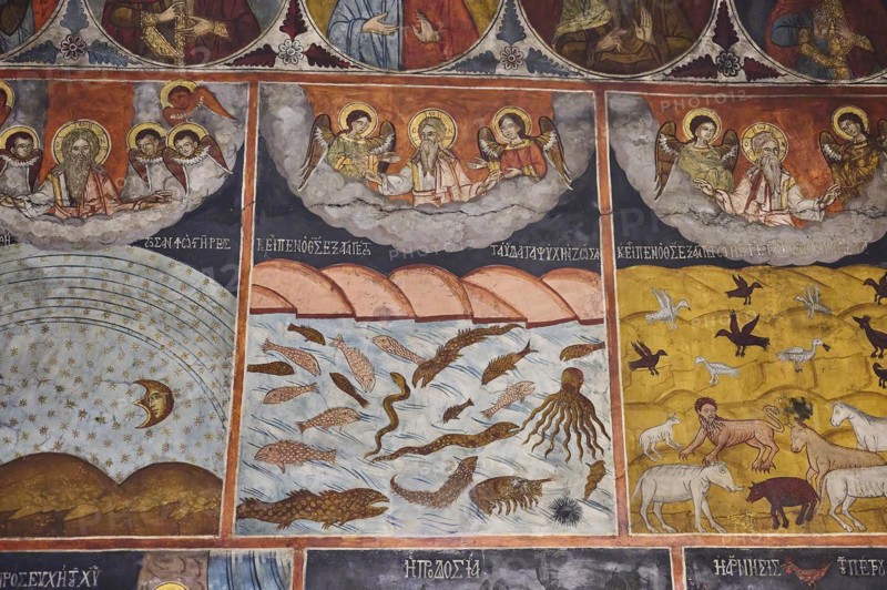 Church fresco decorates the wall with scenes from the sea and the sky, depicting the Creation, Panagia Church, St Mary's Church, Lindos village, Rhodes, Dodecanese, Greek Islands, Greece, Europe