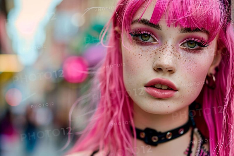 Face of young woman in black and pink gothic style in street. KI generiert, generiert, AI generated