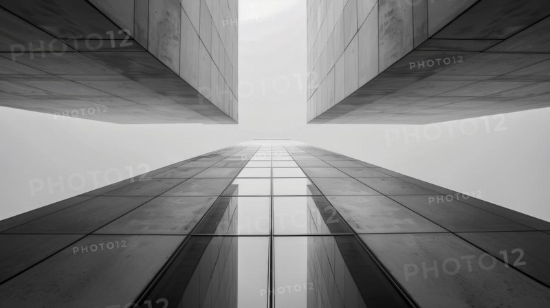 Upward perspective of a modern facade reflecting the sky, emphasizing vertical lines, AI generated